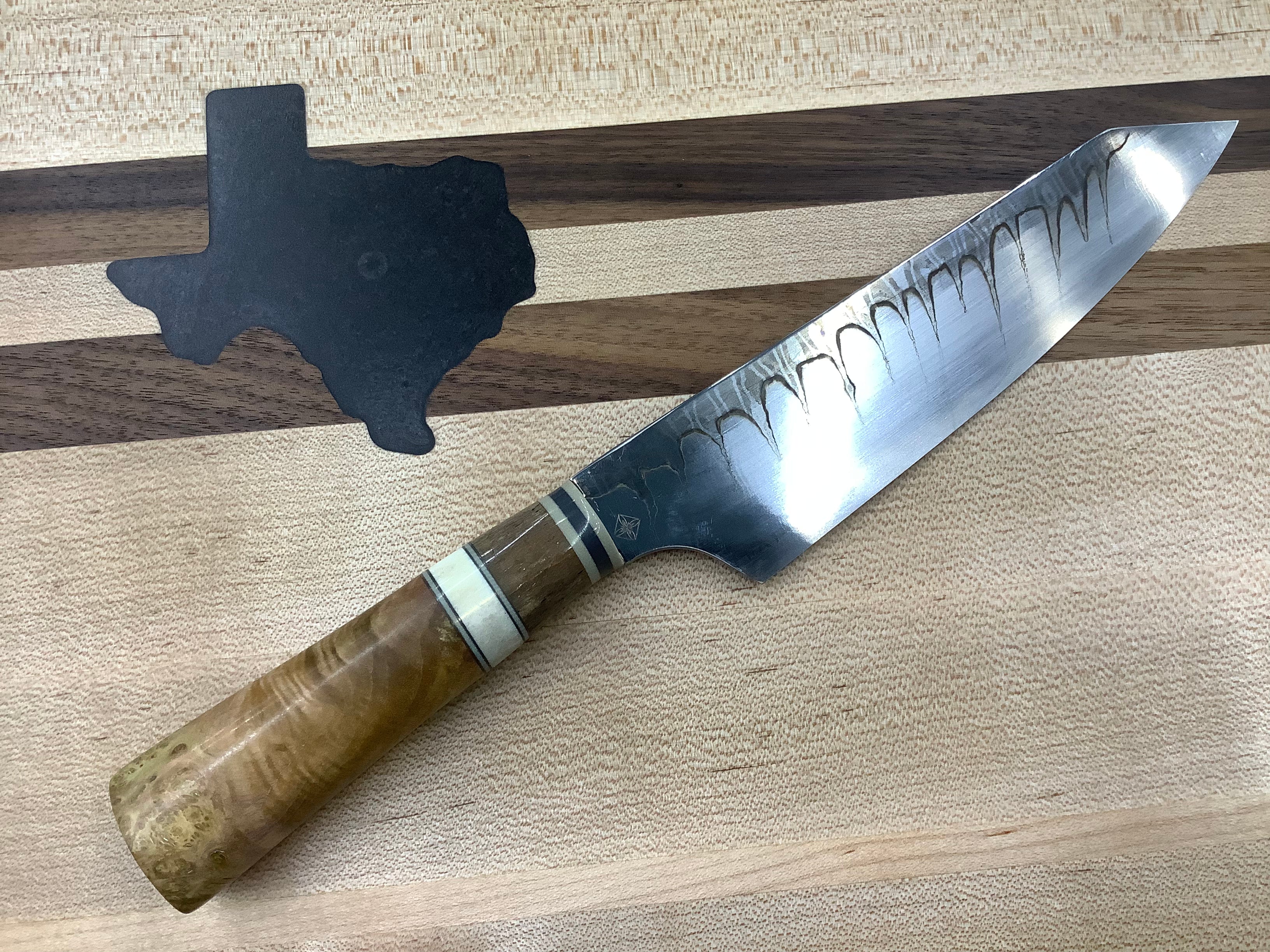 Couteau Baklash Damascus Petty en blanc #1 à haute teneur en carbone avec buis, oosik et bois de cerf teints