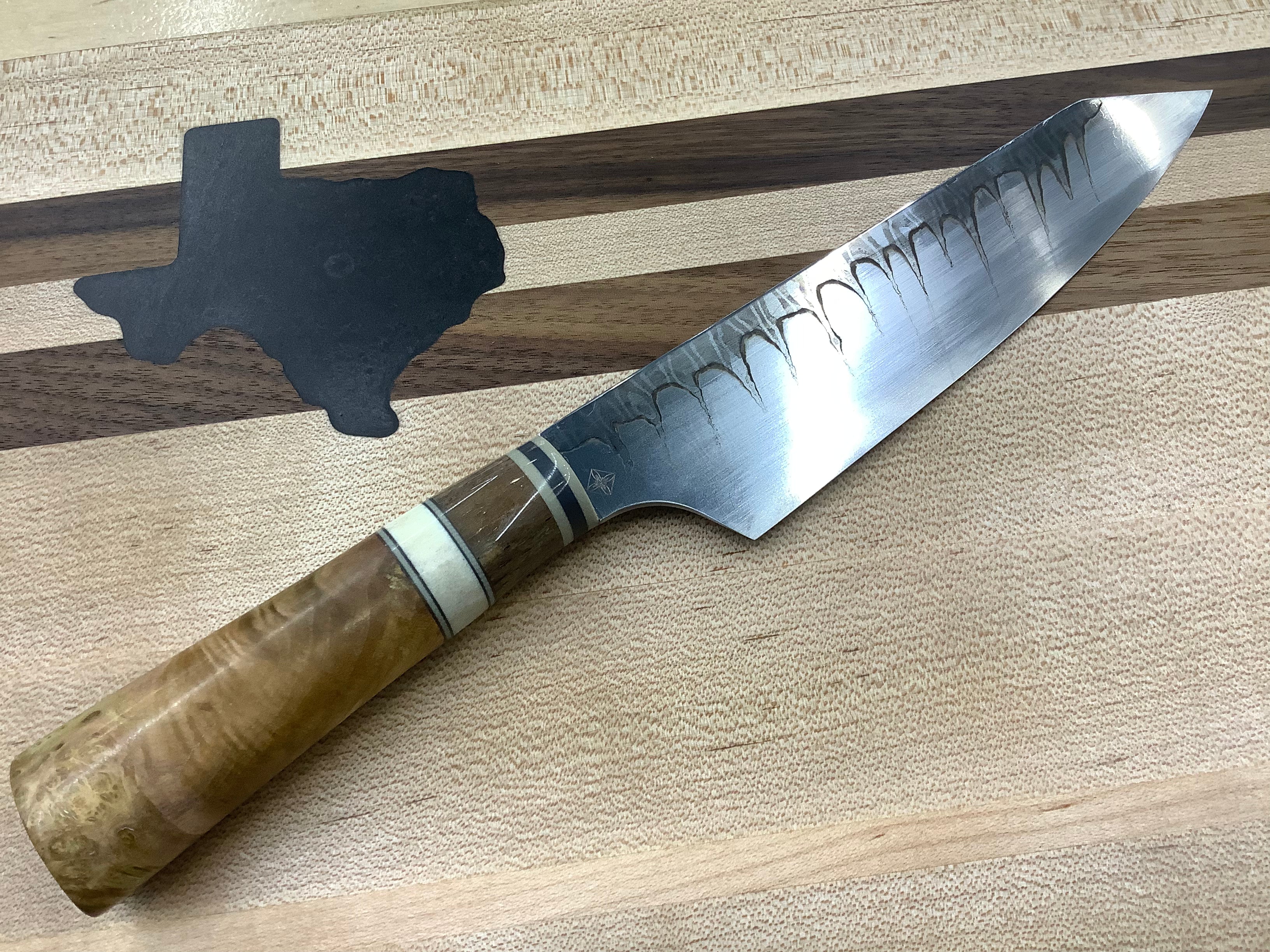 Baklash Damascus Petty Knife in White #1 High Carbon with Dyed Box Elder, Oosik, & Antler