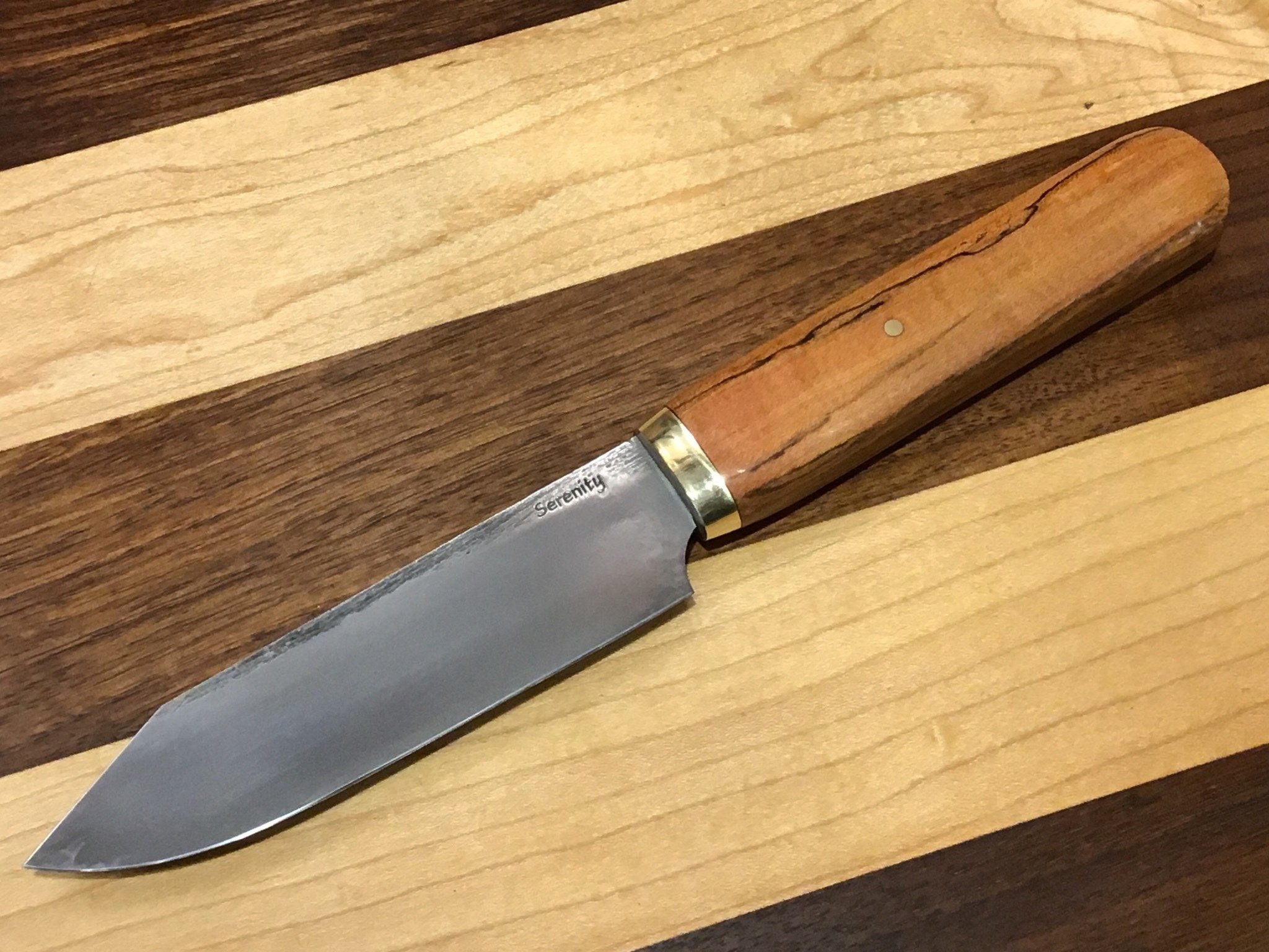 4 3/4" K-Tip Honesuki with Brass Ferrule and Red Spalted Pecan